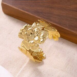 304 Stainless Steel Vintage Floral Bracelet Flower Cuff w/Blooming Botanical